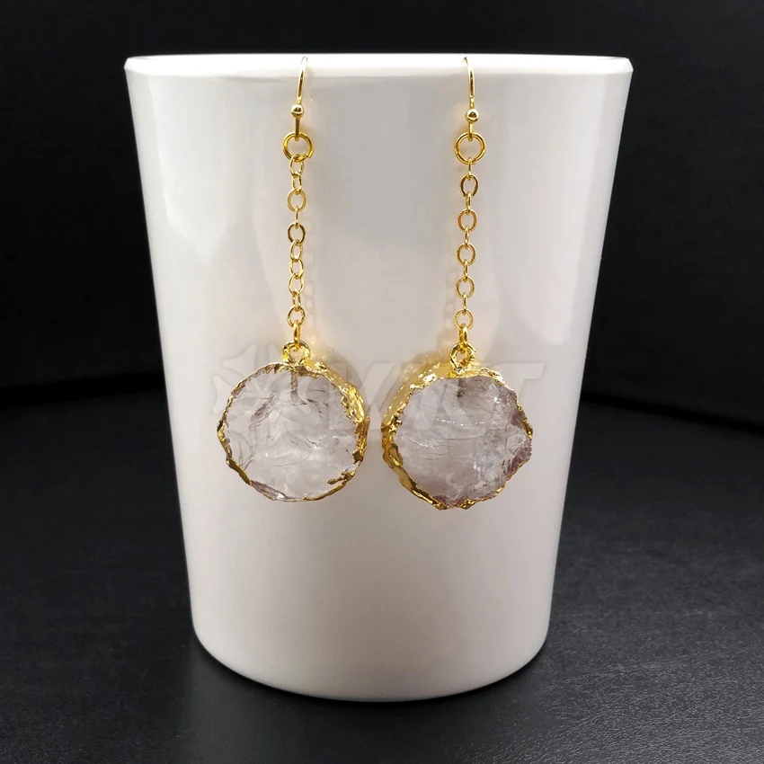 WT-E363 WKT Мода Круглый ФОРМА натуральный кристалл падение EarringWith латунная цепь подключения серьги в Best Золото Цвет для женщин серьги