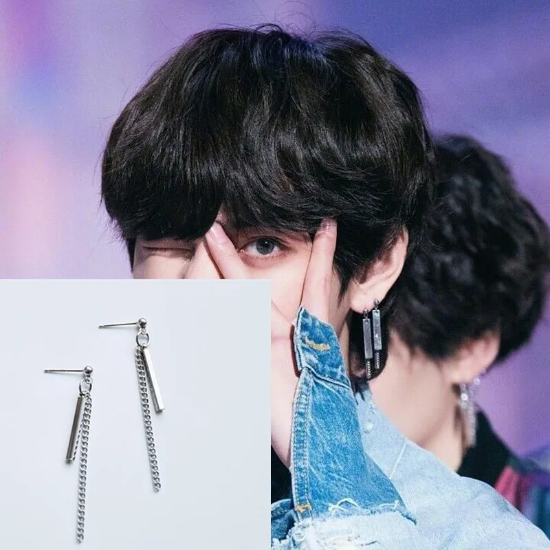 1pair V Kpop Jimin BTS Earrings Long Tassel drop Earrings Men Women Earring Bangtan Boys Korean Earrings Jewelry Aros