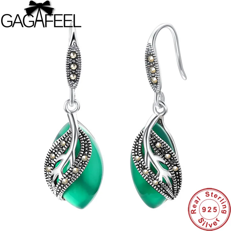 

GAGAFEEL 925 Sterling Silver Earrings Green White Stone Leaves Leaf Earrings Dangles for Women Ladies Thai Silver Jewelry