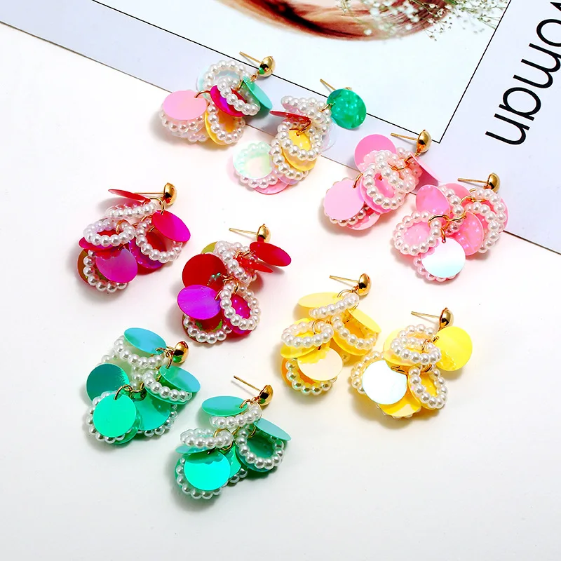 

Big Round Layers Statement Dangle Earrings for Women Elegant Jewelry New Arrival Multi Color Simulated Pearl Beads Drop Earrings