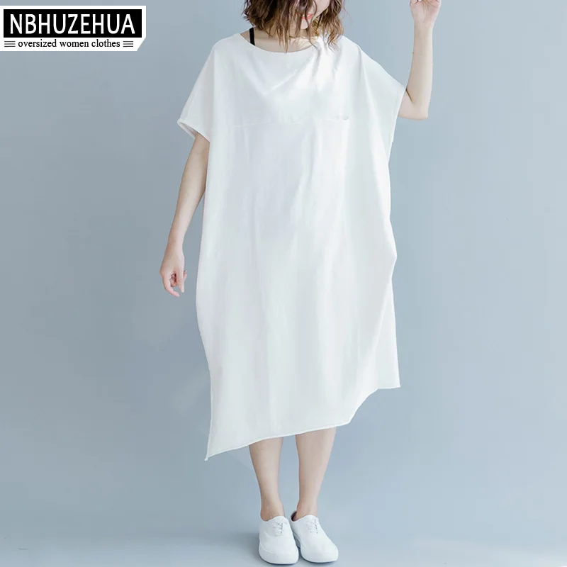 

NBHUZEHUA Women Dress Casual Basis Solid Khaki White Long T Shirt Dress Cotton Summer 2019 Plus Size Dress 4XL 5XL 19-A70