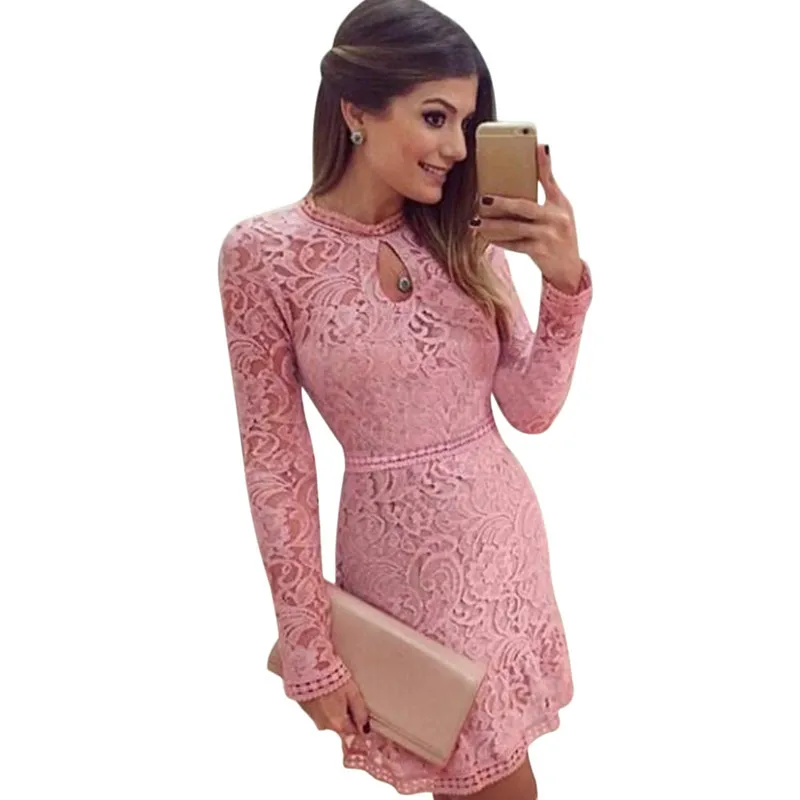 Buy Cheap New Arrive Vestidos Women Fashion Casual Lace Dress 2017 O-Neck Sleeve Pink Evening Party Dresses Vestido de festa Brasil Trend