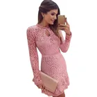 Save 0.61 on New Arrive Vestidos Women Fashion Casual Lace Dress 2017 O-Neck Sleeve Pink Evening Party Dresses Vestido de festa Brasil Trend