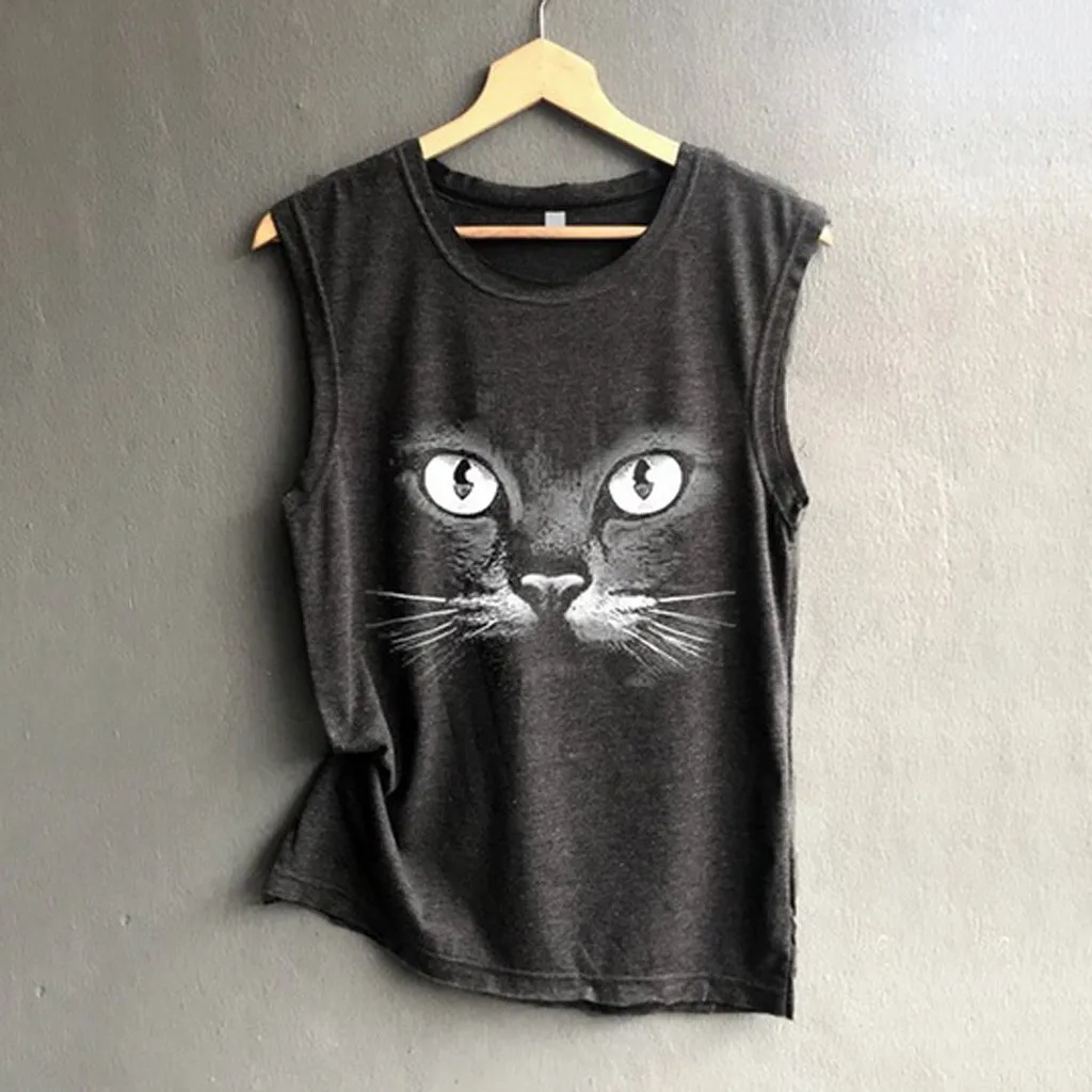 

Feitong Fashion Blouse Womens O-Neck Cat Printing Sleeveless Vest Blouse Loose Shirt Tops Blusas Mujer De Moda Blouse Women