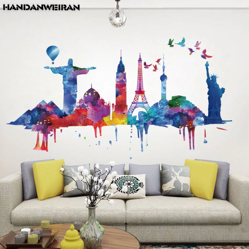 1PCS Watercolor World Architecture Landscape Wall Stickers For Living Room TV Decoration Nursery Kids ROOM DECOR 60*45CM*2 | Дом и сад