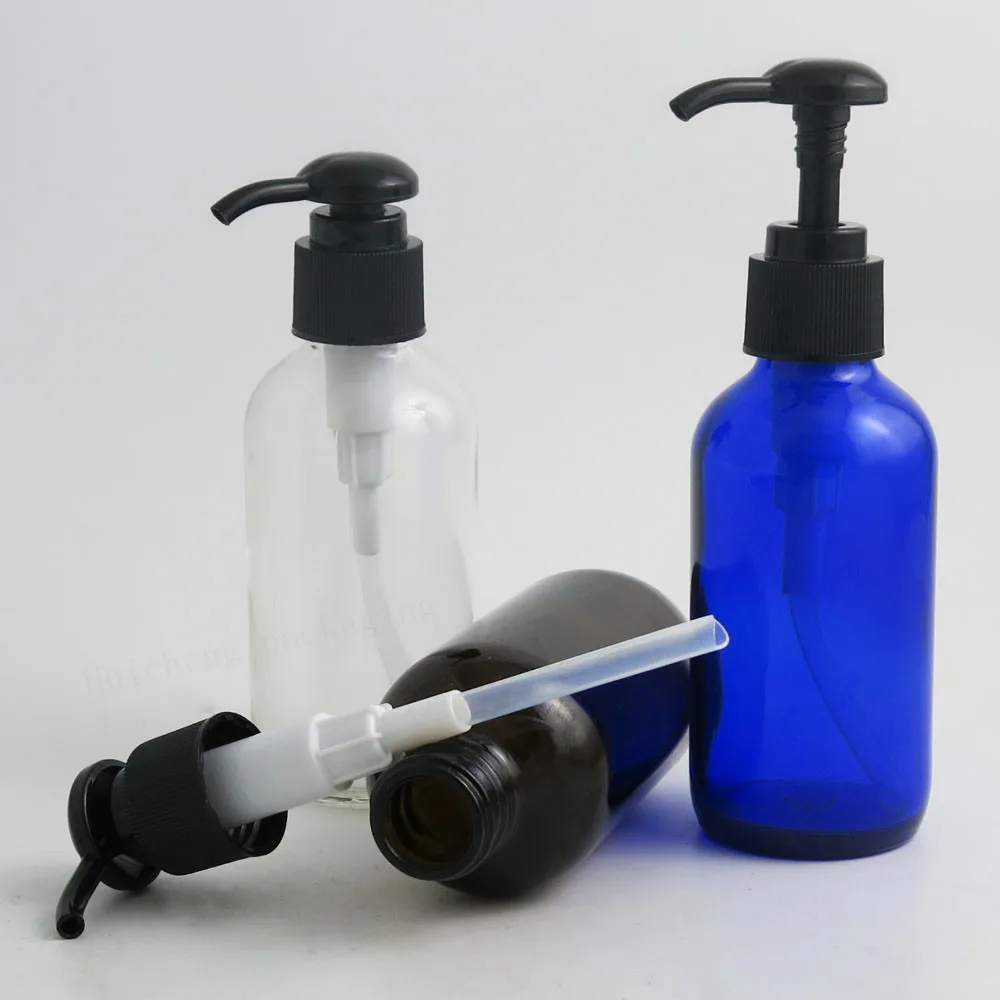 

200 x 120ml Big Refillable Boston Round Glass Bottle With Black Lotion Pump 4oz Glass Containers for Cleaning