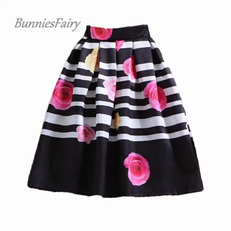 

BunniesFairy Womens Sweet Retro Pink Rose Flower Print Black White Striped Long Midi Skirt High Waist Pleated Tutu Saia Feminina