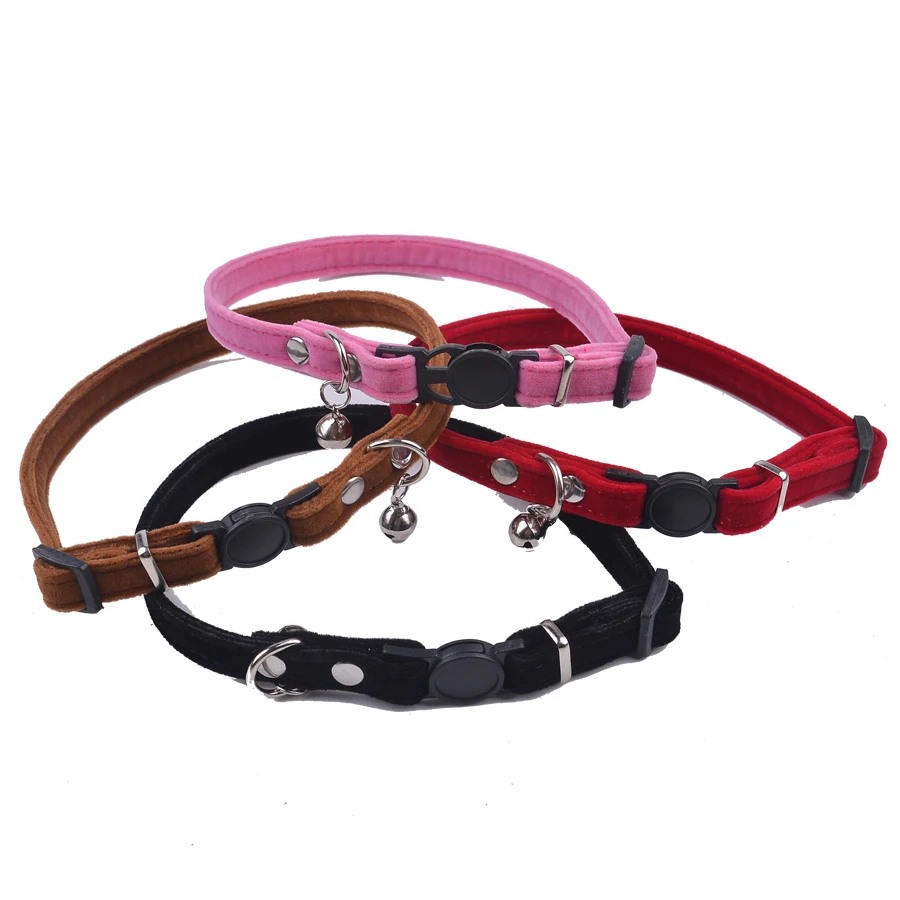 

Soft Velvet Material Cat Collar With Bells Quick Release Buckle Safety Collars For Cats Red Pink Brown Black Cat Necklace