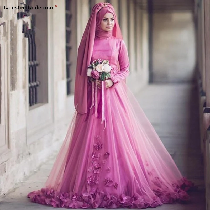 

muslim wedding dress2020 new pink 3D flowers high neck long sleeve A Line Dubai bride dress vestidos de novia brautkleid luxury