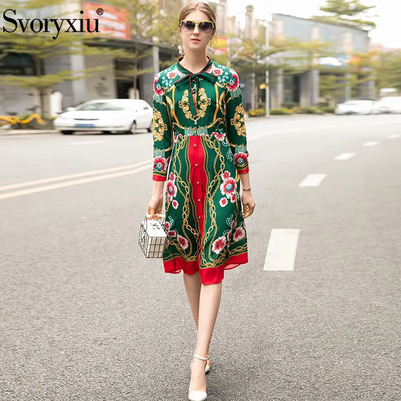 

Svoryxiu Designer Summer Vintage Dress Women's Elegant Bow Collar Long Sleeve Green Chain Flower Print Party Dress Vestdios