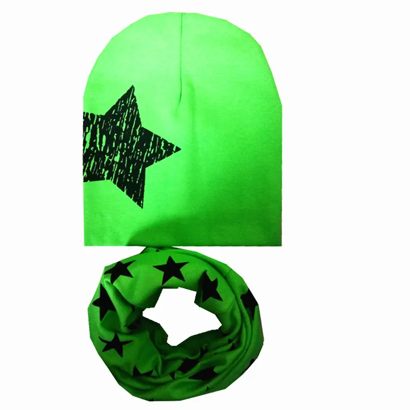 Зимний детский комплект с шапочкой, красивый детский головной убор со звездой, весенний теплый для шеи воротник, детские вязаные шапки, комплекты, хлопковая детская шляпа, шарф, комплект - Цвет: green big star set