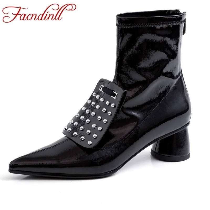 

FACNDINLL fashion brand design retro autumn high heels women ankle boots square high heels pointed toe zipper black riding boots