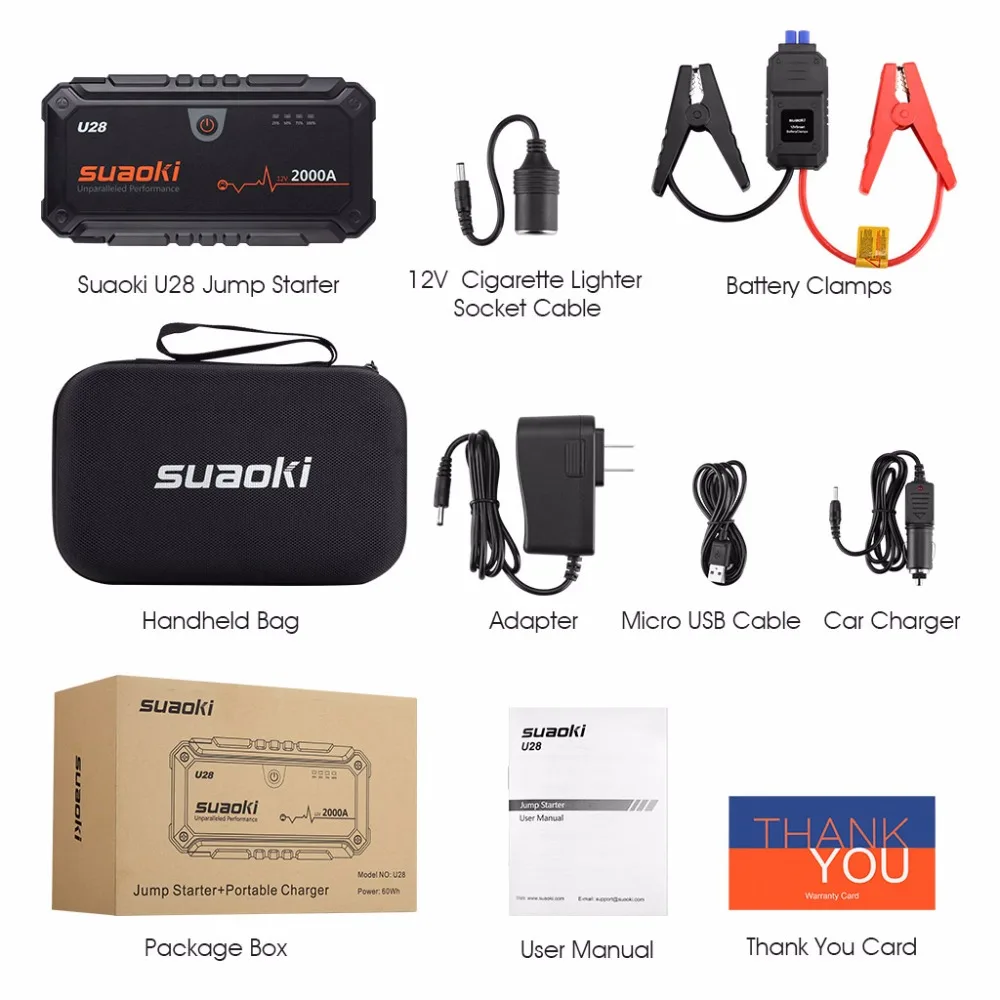 Suaoki U28 2000A пиковый стартовый пакет с двойным USB внешним аккумулятором светодиодный фонарик умный аккумулятор зажимы для 12 В автомобиля лодки США штекер