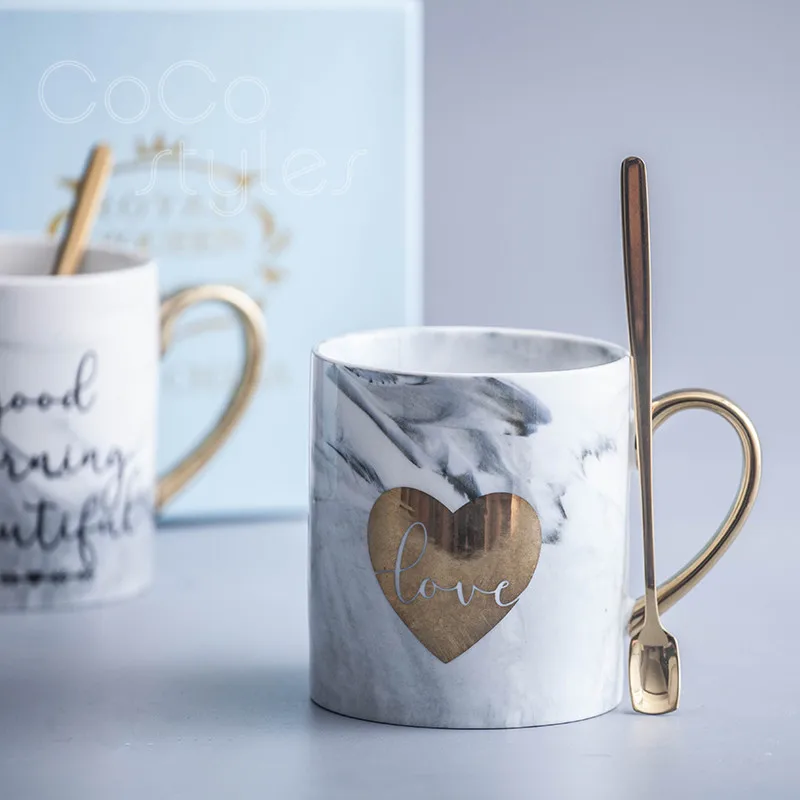 

Cocostyles InsFashion romantic marble pattern ceramic mugs with plating heart pattern and handle for girlfriend gift sets