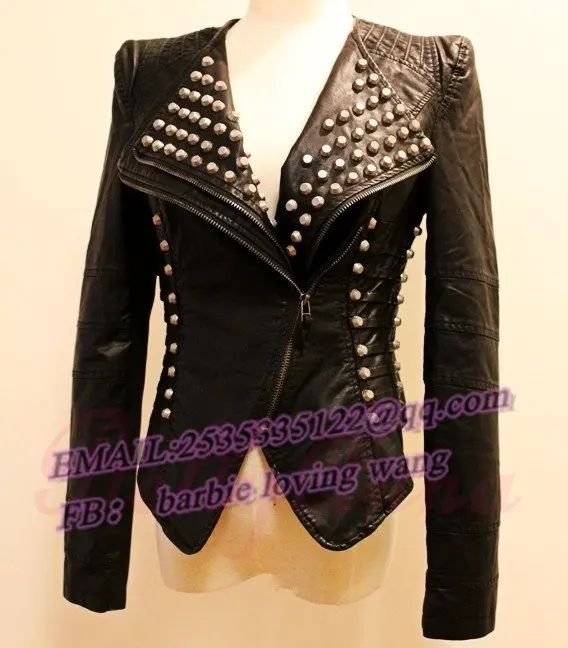 New Womens Punk Spike Studded Shoulder PU Leather Jacket coat