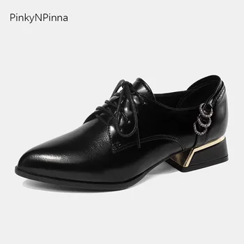 

2019 new women oxford shoes genuine cow leather lace up pointed toe square heels crystal metal ring preppy style office pumps