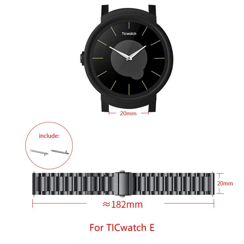 

20mm Stainless steel strap For TICwatch E Chain bracelet Folding buckle adjustable size TICwatch Replacement wristband