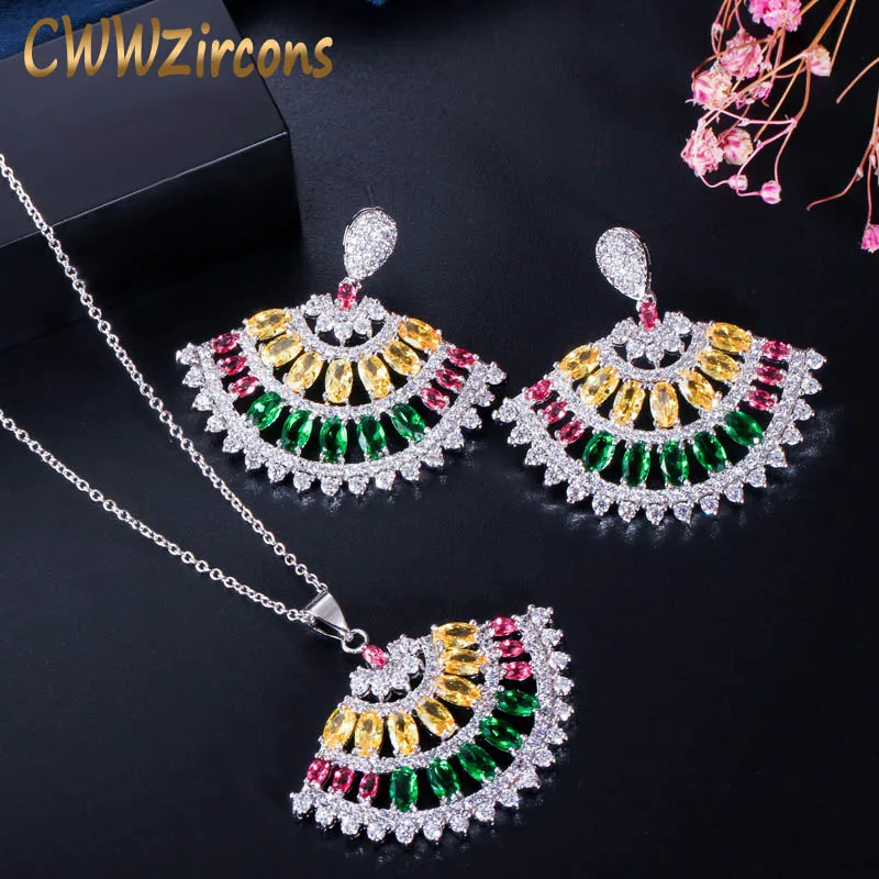Elegant Set CWWZircons мульти желтый зеленый цвет кубического циркония кристалл элегантный Спайк Вентилятор ожерелье и серьги для женщин бренд Ювелирные наборы T340 - Окраска металла: Elegant Set