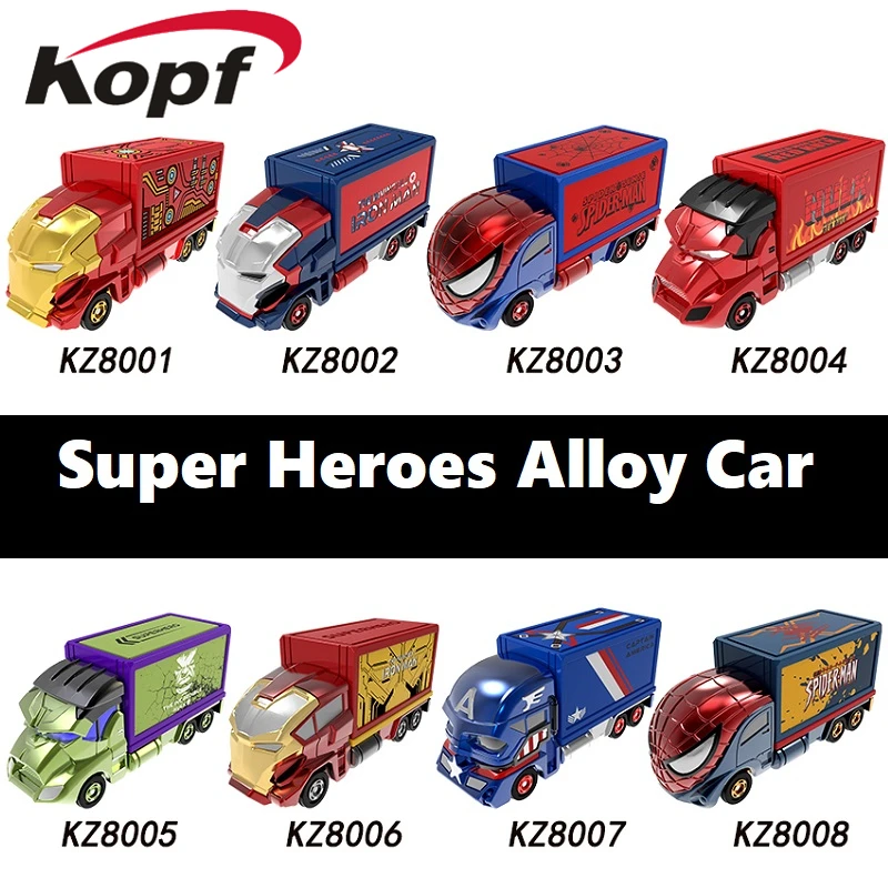 

One Set Wholesales 8pcs With Plastic Packaging Super Hero Car Alloy Front Plastic Body Bricks Toys For Children KZ8001-8008