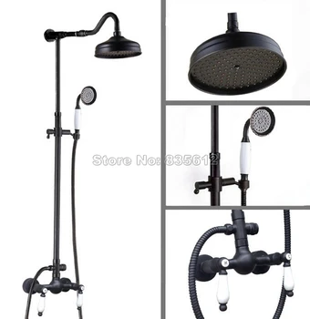 

Black Oil Rubbed Bronze Rain Shower Faucet Wall Mounted Set W/ Handheld Shower & Bathroom Ceramic Dual Handles Mixer Taps Wrs773