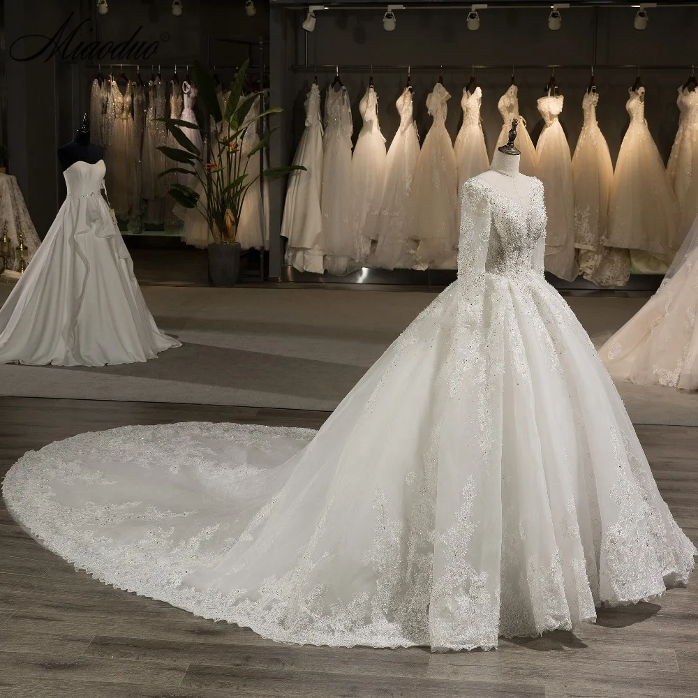 Miaoduo New Design Wedding Dresses vestido de noiva princesa Long Sleeve Crystal Puffy Ball Gown Cathedral/ Royal Train