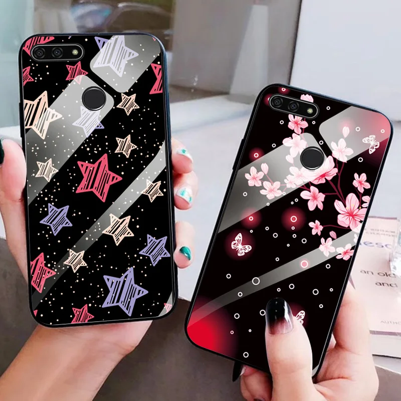 

Quality Glass Back For Huawei Y6 Prime 2018 Soft Case Cover Tempered Glass Y6Prime 2018 Pretty Flower For Huawei Y6 Prime 2018