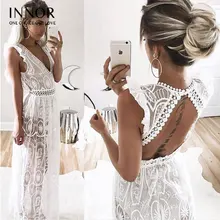 Sexy ahueca hacia fuera vestido de encaje blanco elegante Navidad Maxi vestido largo sin mangas de la cintura de las mujeres vestido Backless Vestidos