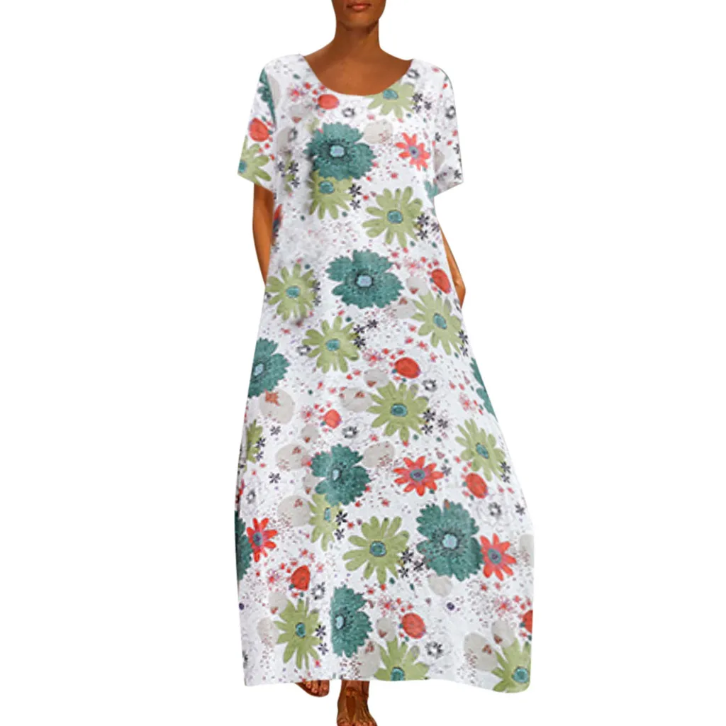 

Summer Sundress Women Beach Dress 2019 Cotton Linen Round Neck Short Sleeve Loose Floral Print Long Dress L522