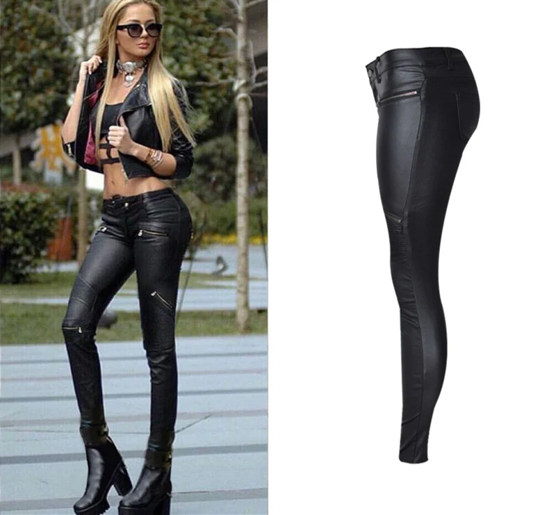 ladies cropped trousers LOGAMI Faux Leather Pants Women Elastic Zipper Leather Pants Trousers 2018 Leren Broeken corduroy pants