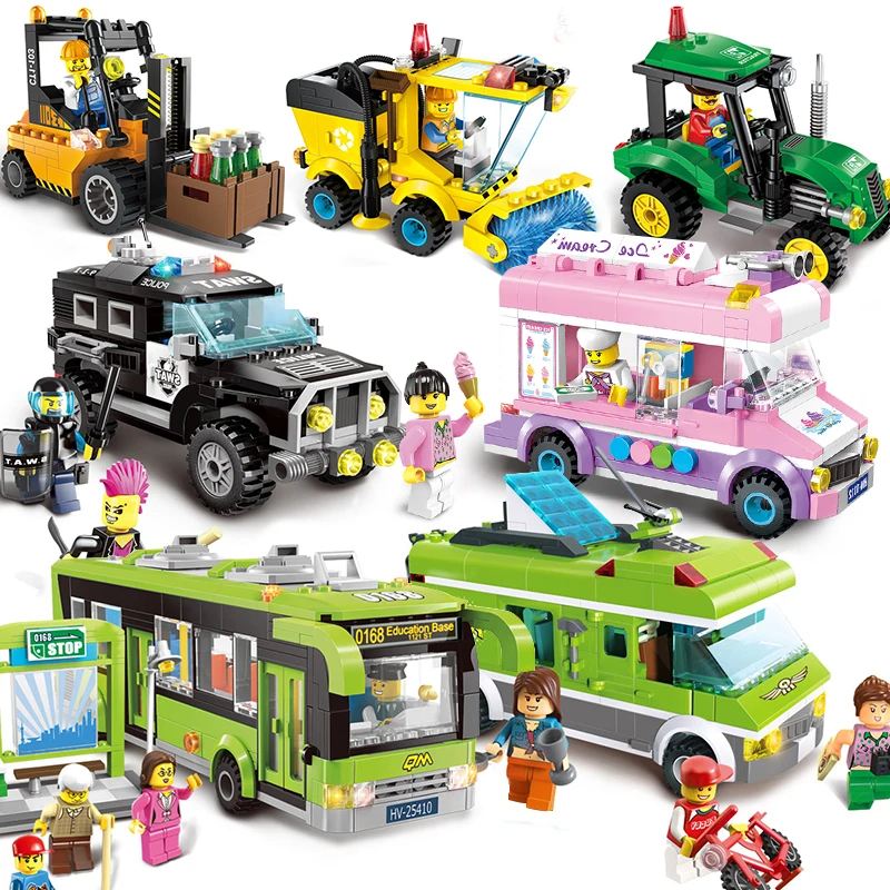 

City Bus Compatible Legoed Car Police Tractor Garbage Truck Fire Ice Cream Ambulance Camping Van Truck Model Building Block Toy