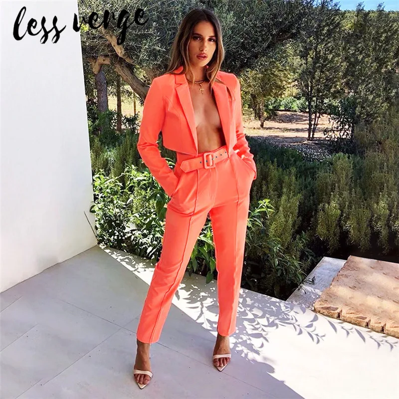 

lessverge Fluorescent sexy two piece set blazer coat Long sleeve 2 piece outfits pants Autumn office lady casual belt short top