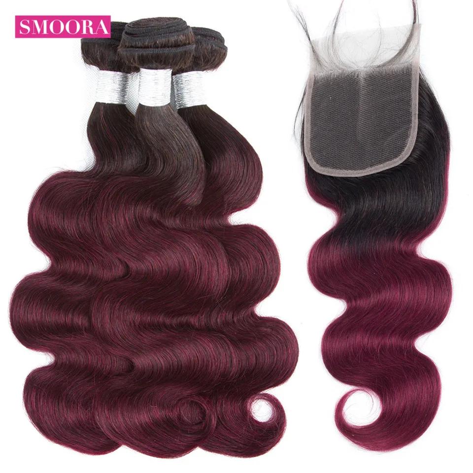 body wave 1b 99j ombre hair 3 bundle with closure Middle part 1