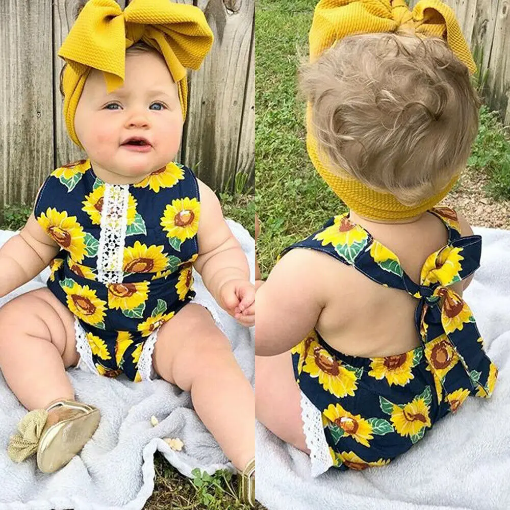 

Newborn Baby Girl Clothes Sleeveless Sunflower Print Backless Bodysuits Jumpsuit Headband 2pcs Outfits Sunsuit
