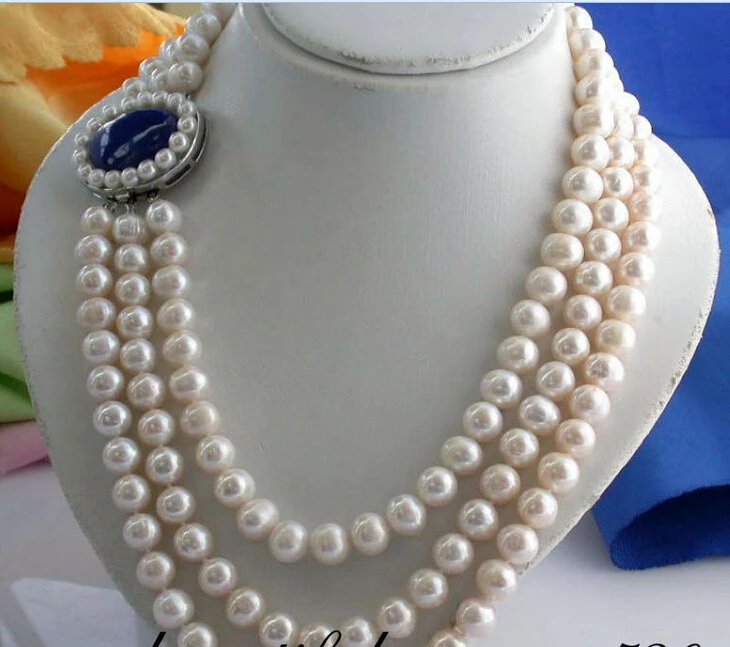 

3row 11mm round white freshwater pearl necklace lapis