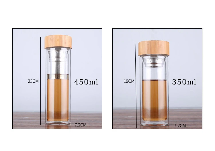 Стеклянная бутылка для чая, бутылка для воды в бутылках, для заварки с фильтром, ситечко из боросиликата, с двойными стенками, для напитков, с бамбуковой крышкой, 450 мл, автомобильная посуда для напитков