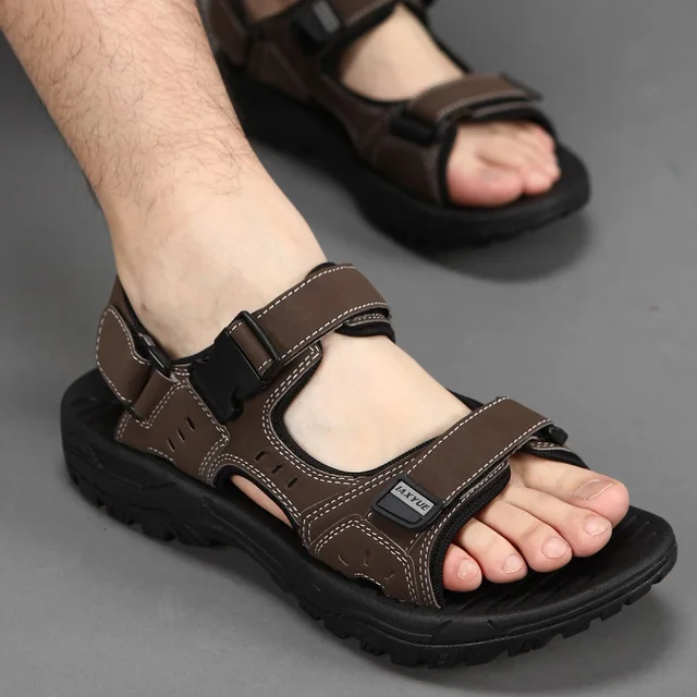 Plus Size 46, 47 2017 Real Leather Men Sandals Solid Hook u0026 Loop Handmade  Sandals Brand Shoes Zapatos Hombre 1373 35 - Men's Sandals - AliExpress