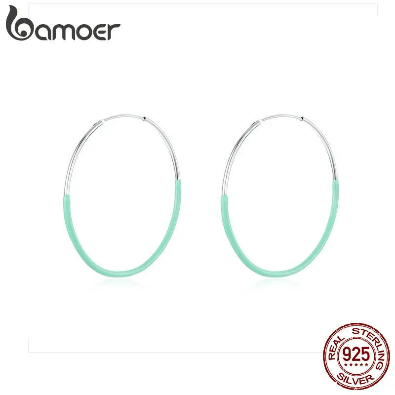 

bamoer Big Round Circle Hoop Earrings for Women 925 Sterling Silver Blue Enamel Ear Hoops Female Fashion Bijoux 50mm BSE141