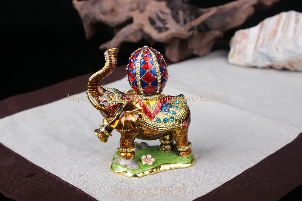 Elephant Jeweled Trinket Box Elephant Box with Faberge Egg on Back Handmade Crystal Metal Ring Holder Elephant Wedding Gifts