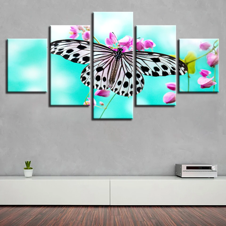 Wall Art Framework Canvas Painting 5 Pieces HD Printing Butterfly And Purple Flower Landscape Modular Picture Decor Home Bedroom