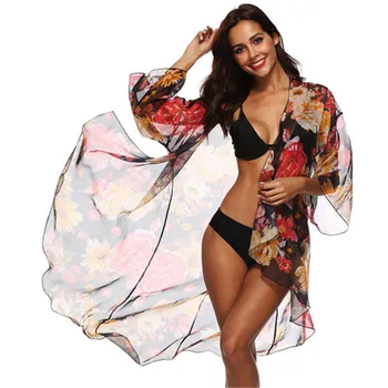 

Women Chiffon Tassels Bikini Cover UP Cardigan Lady Swimsuit Cover UP Floral Print Beach Dress Swimwear Sarong Wrap Bathing Suit