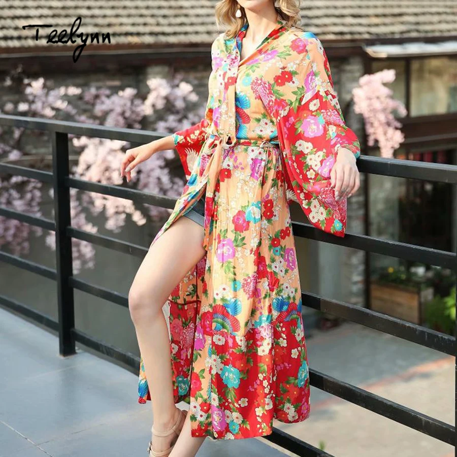 TEELYNN rayon boho Wrapped dress 2018 red floral print summer dresses V-neck kimono sleeve beach wear chic long women dresses