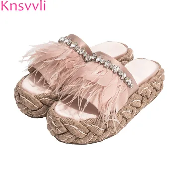 

2019 New Thick sole Women slippers pink satin rhinestone Feather slippers Female Straw sole Mules Summer Platform Shoes Women