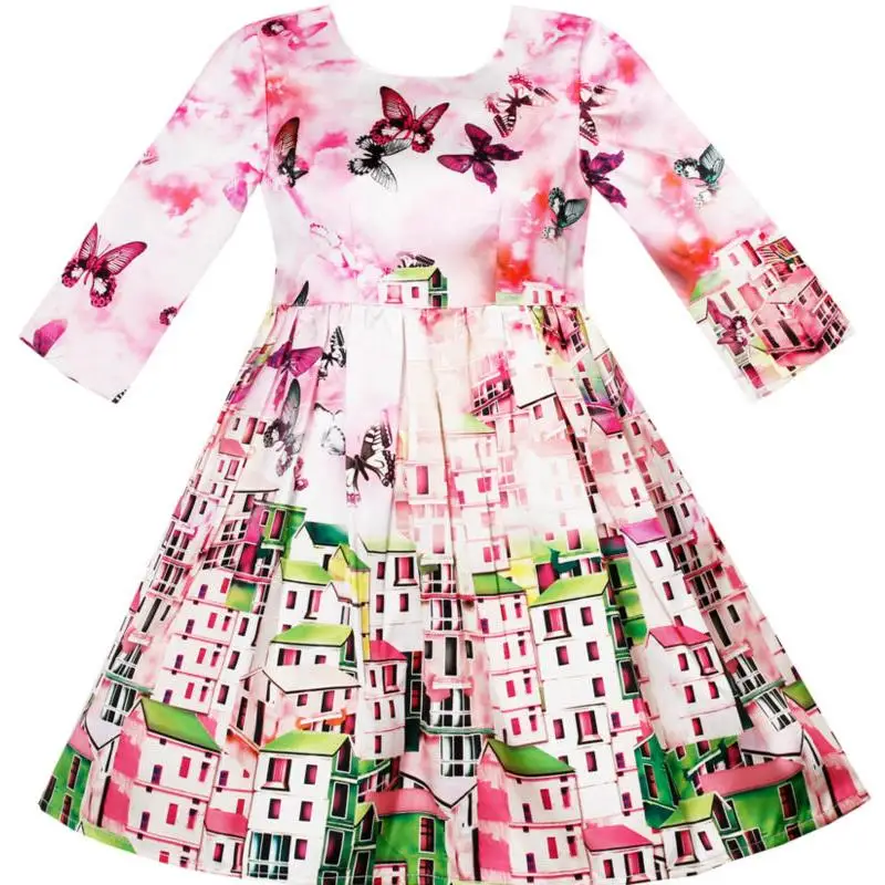 

Girls Dress Satin Silk Butterfly City Building View Pink 2019 Summer Princess Wedding Party Dresses Size 4-10
