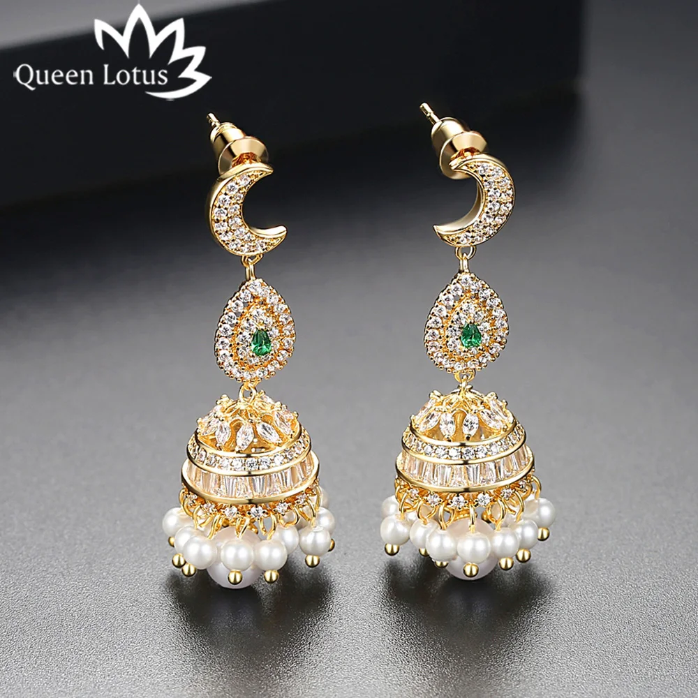 

Queen Lotus 2018 Luxury Crystal Pearls Earrings Jewelry Chandelier Drop Earrings for Women Moon Vintage Baroque Long Earrings