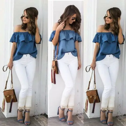 2019 Summer Fashion Women's Sexy Blouse Top Blue Off Shoulder Ruffles Tops Casual Party Shirt Cotton Short Sleeve | Женская одежда