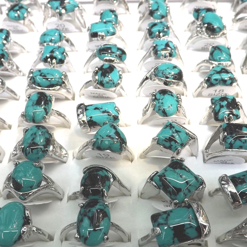 Mixed Size Natural Turquoises Rings With Black Decorative Pattern 50pcs/lot