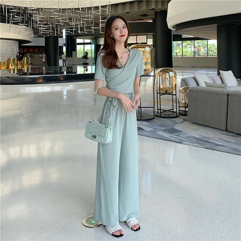 

Summer Women's Wear Belt Waist Before and After Korean Version + Loose High Waist Wide Leg Trousers 2019 2 Piece Set Women