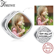 FOREWE 925 пробы Серебряный Белый Хрустальный квадратный Шарм You are my sunshine персональное изображение Заказные бусины подходят для ювелирных изделий Pandora