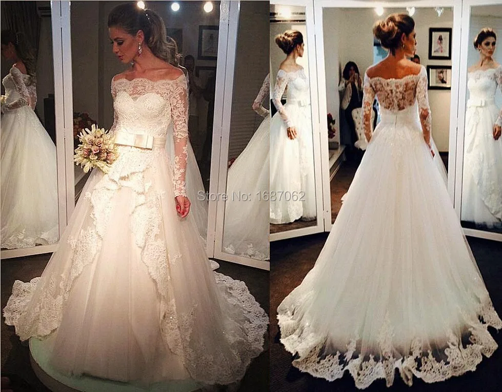 Off the Shoulder Lace Tulle Wedding Dress