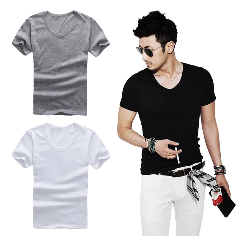 Летняя однотонная мужская футболка модная одежда с v-образным вырезом и коротким рукавом трендовая Повседневная облегающая дышащая и универсальная Однотонная футболка